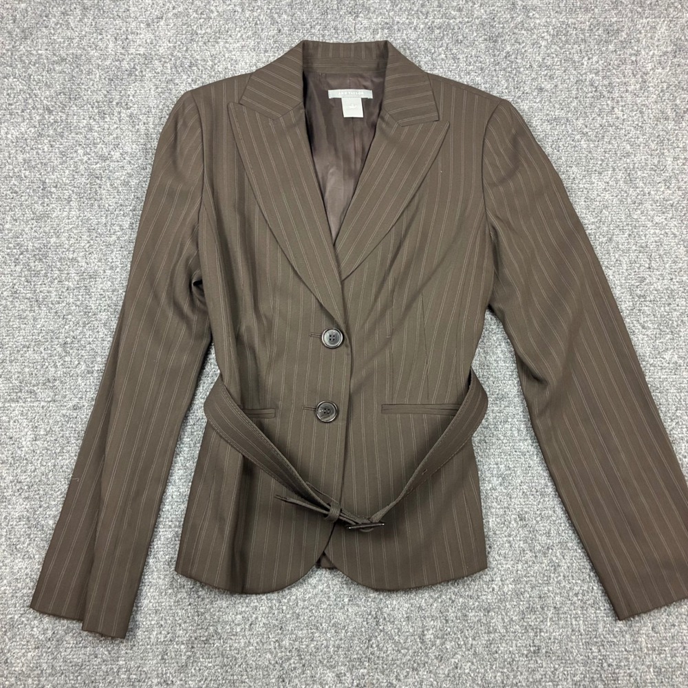 Ann Taylor Brown Pinstripe Belted Blazer Jacket Size 4 Professional Career